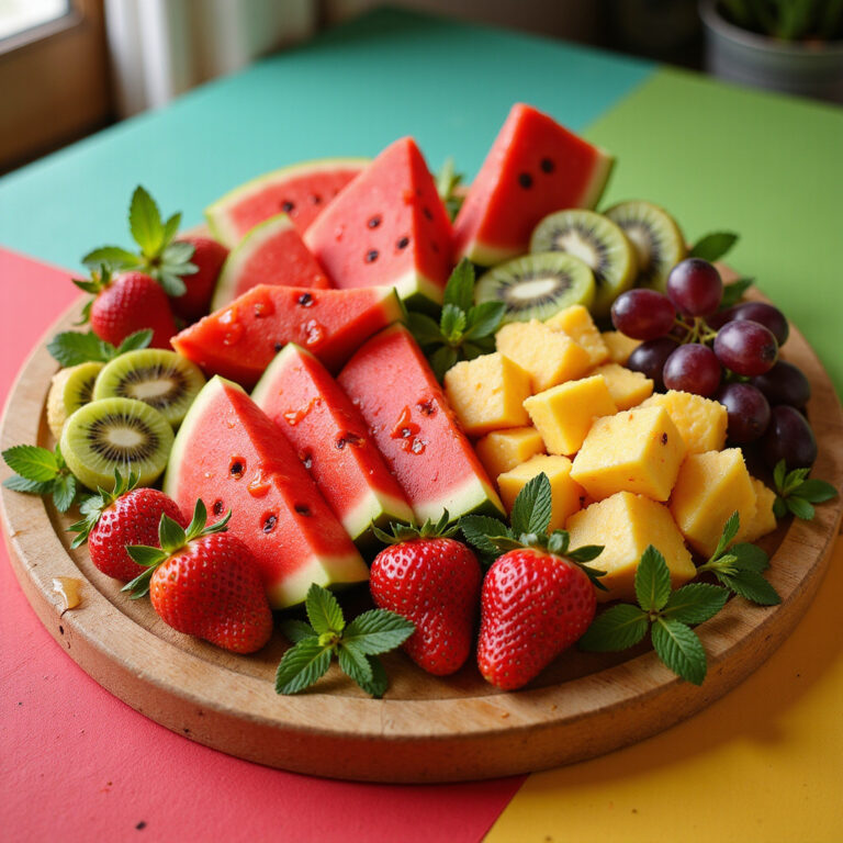 Tábua Colorida de Frutas com Mel e Hortelã