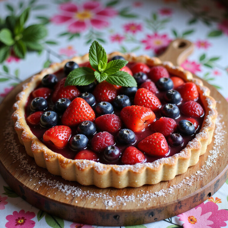 Tarte Rústica de Frutos Vermelhos com Crosta Dourada e Folhas de Hortelã