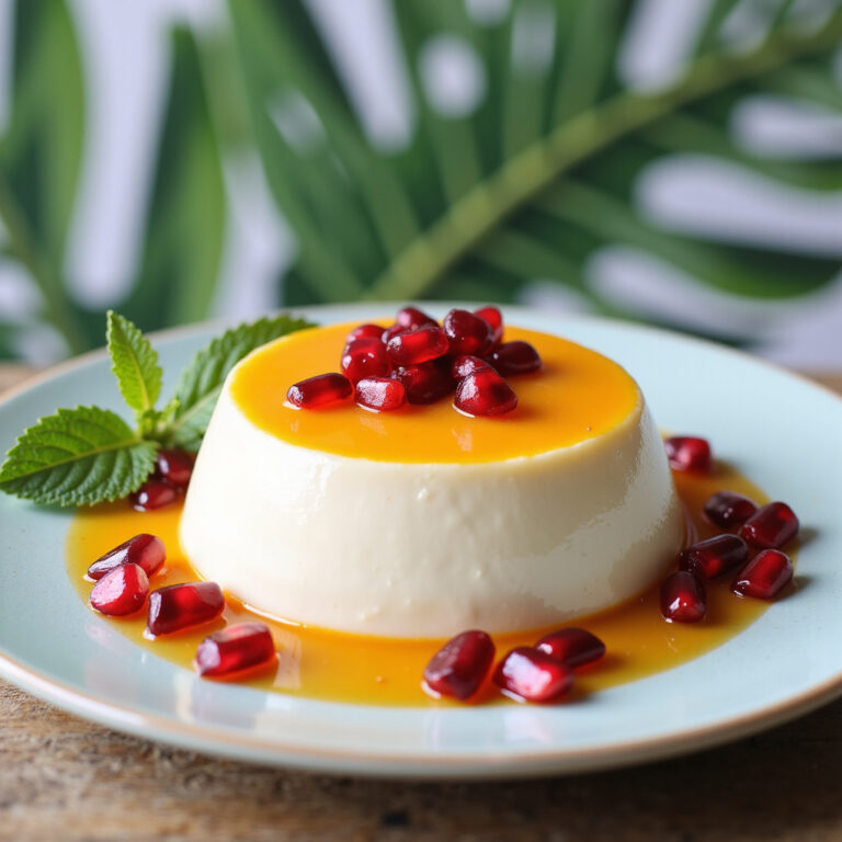 Panna Cotta de Coco com Coulis Vibrante de Manga e Sementes de Romã