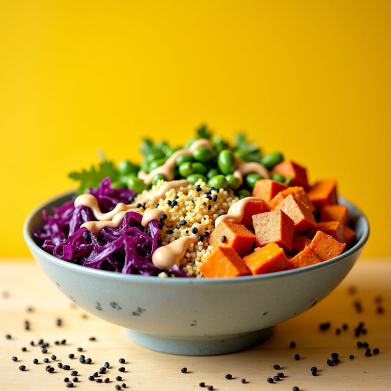 Buddha Bowl Arco-Íris com Quinoa, Batata-Doce Assada e Molho Cremoso de Tahine