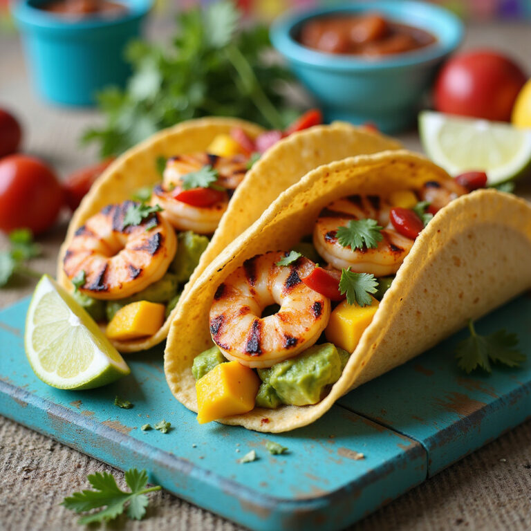 Tacos de Camarão Grelhado com Salsa Fresca de Manga, Abacate e Malagueta Vermelha