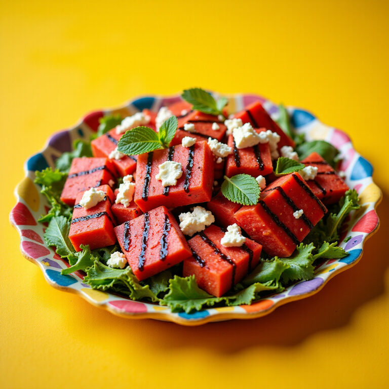 Salada de Verão com Melancia Grelhada, Queijo Feta, Rúcula e Redução de Balsâmico
