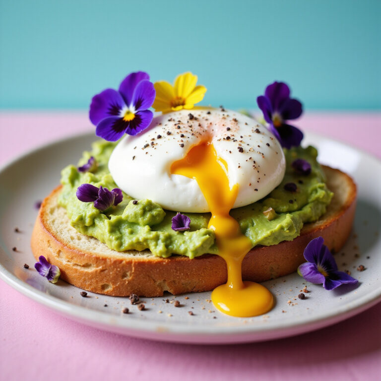 Tosta de Abacate em Pão Artesanal com Ovo Escalfado Perfeito e Flores Comestíveis