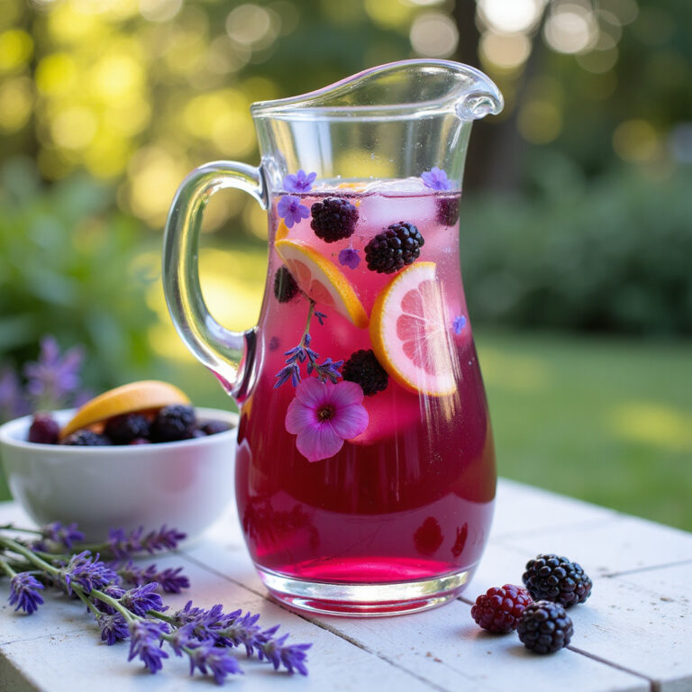 Limonada de Lavanda e Amora com Gelo de Flores e Rodelas de Limão Siciliano