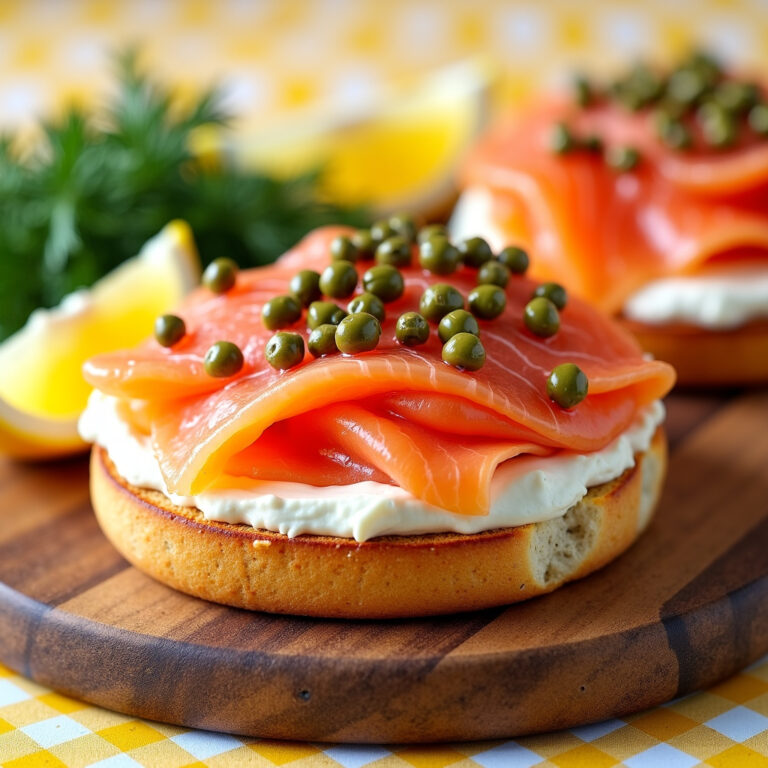 Salmão Defumado com Cream Cheese e Alcaparras em Bagel Tostado