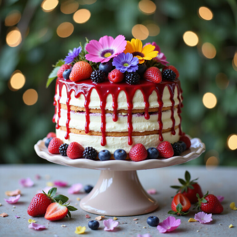 Bolo Jardim dos Sonhos: Camadas de Baunilha com Frutas Vermelhas e Flores