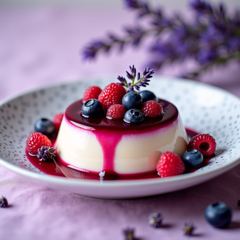 Panna Cotta de Lavanda com Calda de Mel e Frutas Silvestres