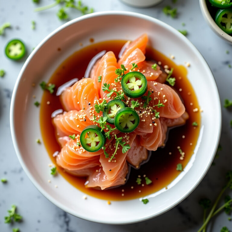 Sashimi de Hamachi com Jalapeño e Molho de Soja Yuzu 🐟🌶️ Sashimi de Hamachi com Jalapeño e Molho de Soja Yuzu 🐟🌶️