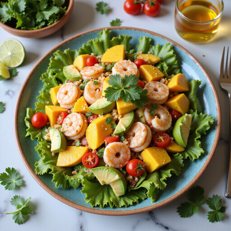 Salada Tropical com Manga, Abacate e Camarões
