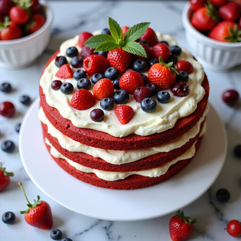 Bolo de Red Velvet com Frutas Vermelhas no Topo