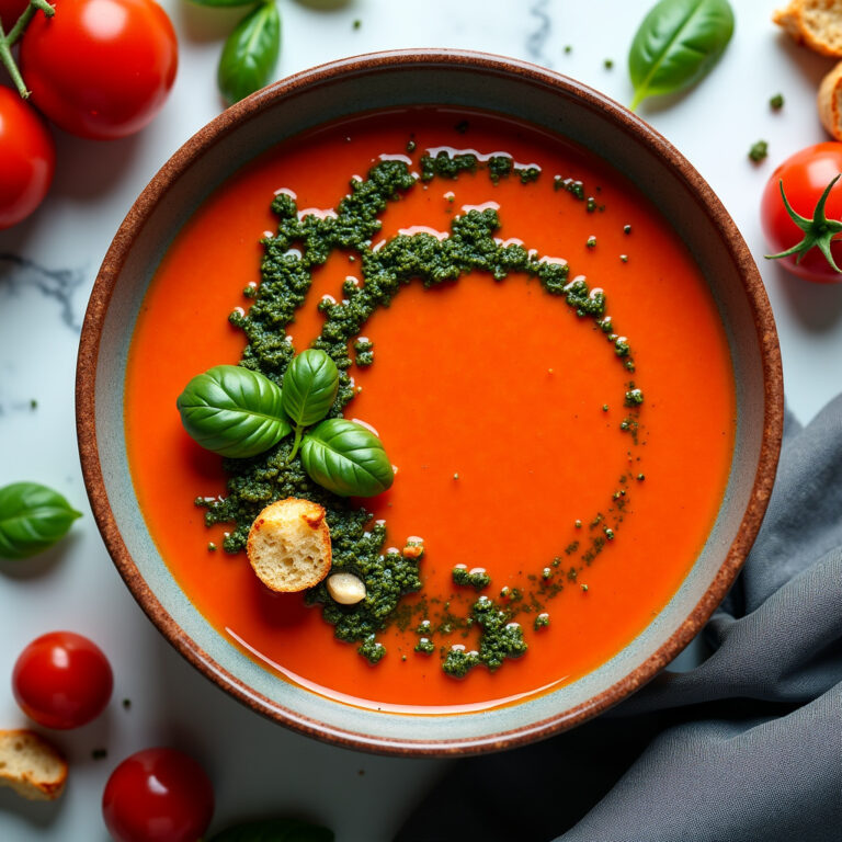 Sopa de Tomate Assado com Pesto Verde Brilhante