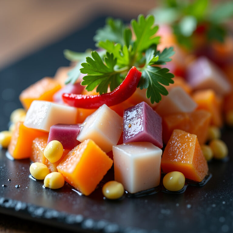 Ceviche Peruano Autêntico com Batata Doce Roxa e Milho