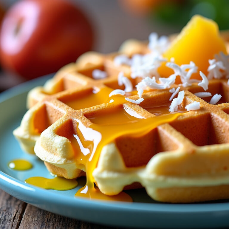 Waffle Perfeito com Calda de Frutas Amarelas e Coco