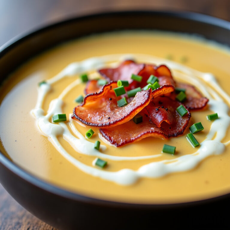 Sopa de Batata com Alho Assado e Crispy de Presunto