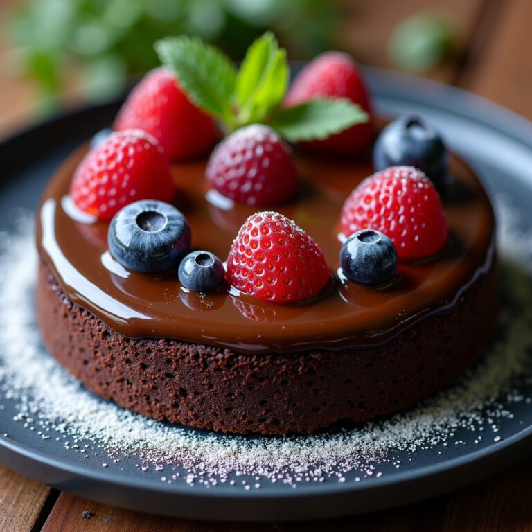 Receita de Bolo Espelhado de Chocolate com Frutas Decorativas